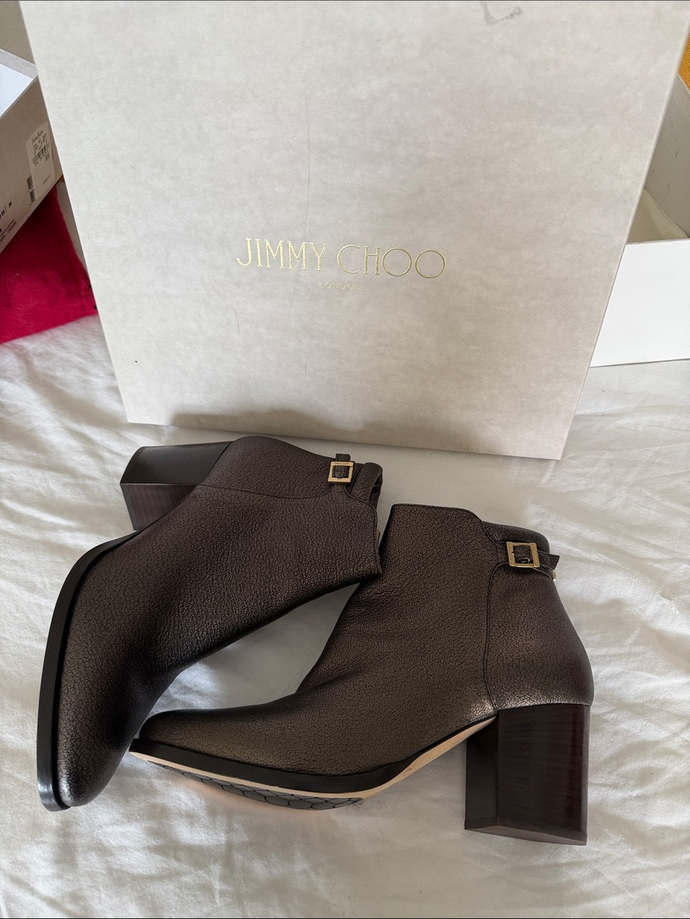 Jimmy Choo Dark Brown Pebbled Leather Ankle Boots with Buckle